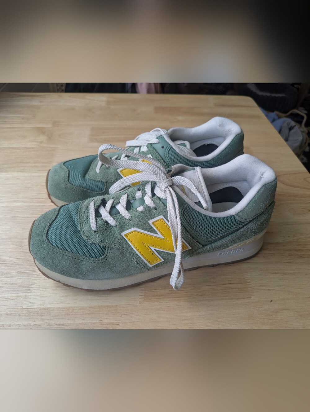 New Balance Green Suede & Mesh Sneakers with Yellow N 574s